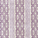 Detail of fabric in a geometric stripe print in shades of purple on a mottled tan field.
