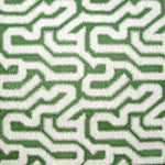 Detail of wallpaper in a playful meandering print in white on a green field.