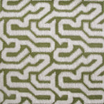 Detail of wallpaper in a playful meandering print in white on an olive field.