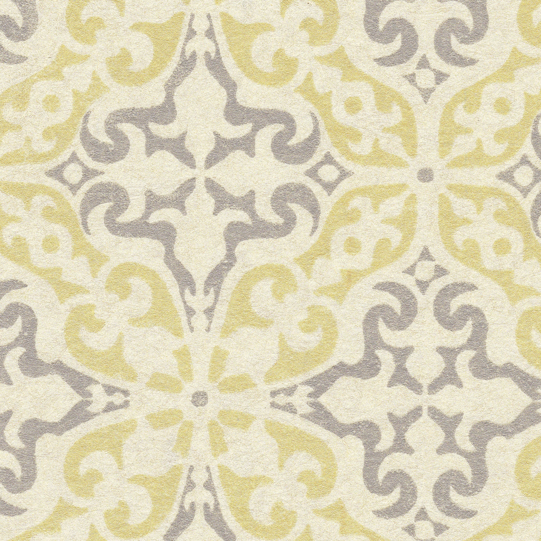 Detail of wallpaper in a damask print in light yellow and purple on a cream field.