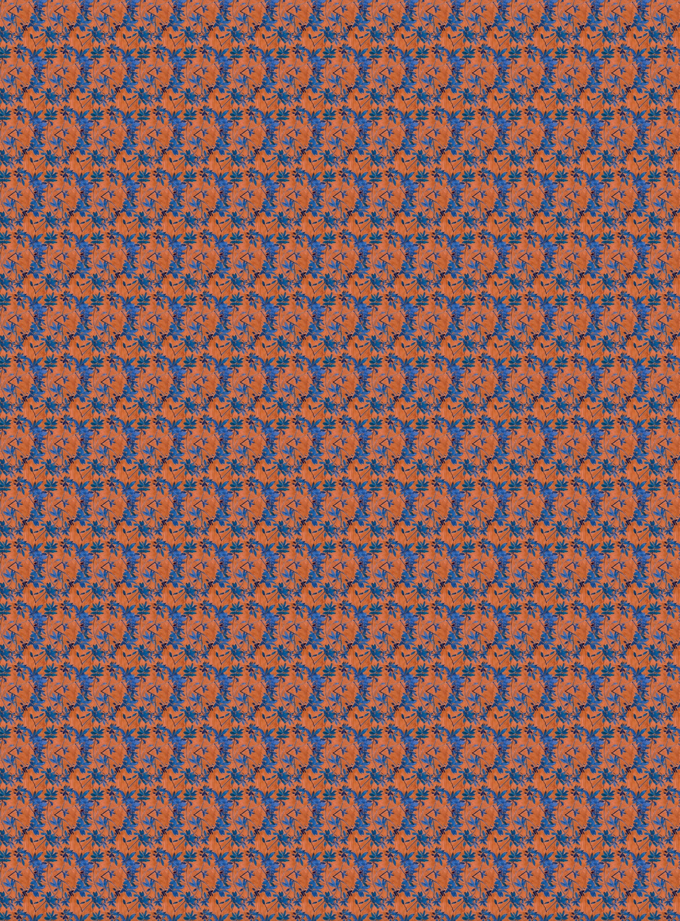 Small scale watercolor floral in blue and orange.