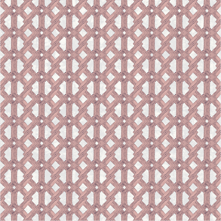 Detail of wallpaper in an intricate lattice print in pink on a cream field.