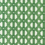 Detail of fabric in an intricate lattice print in green on a light green field.