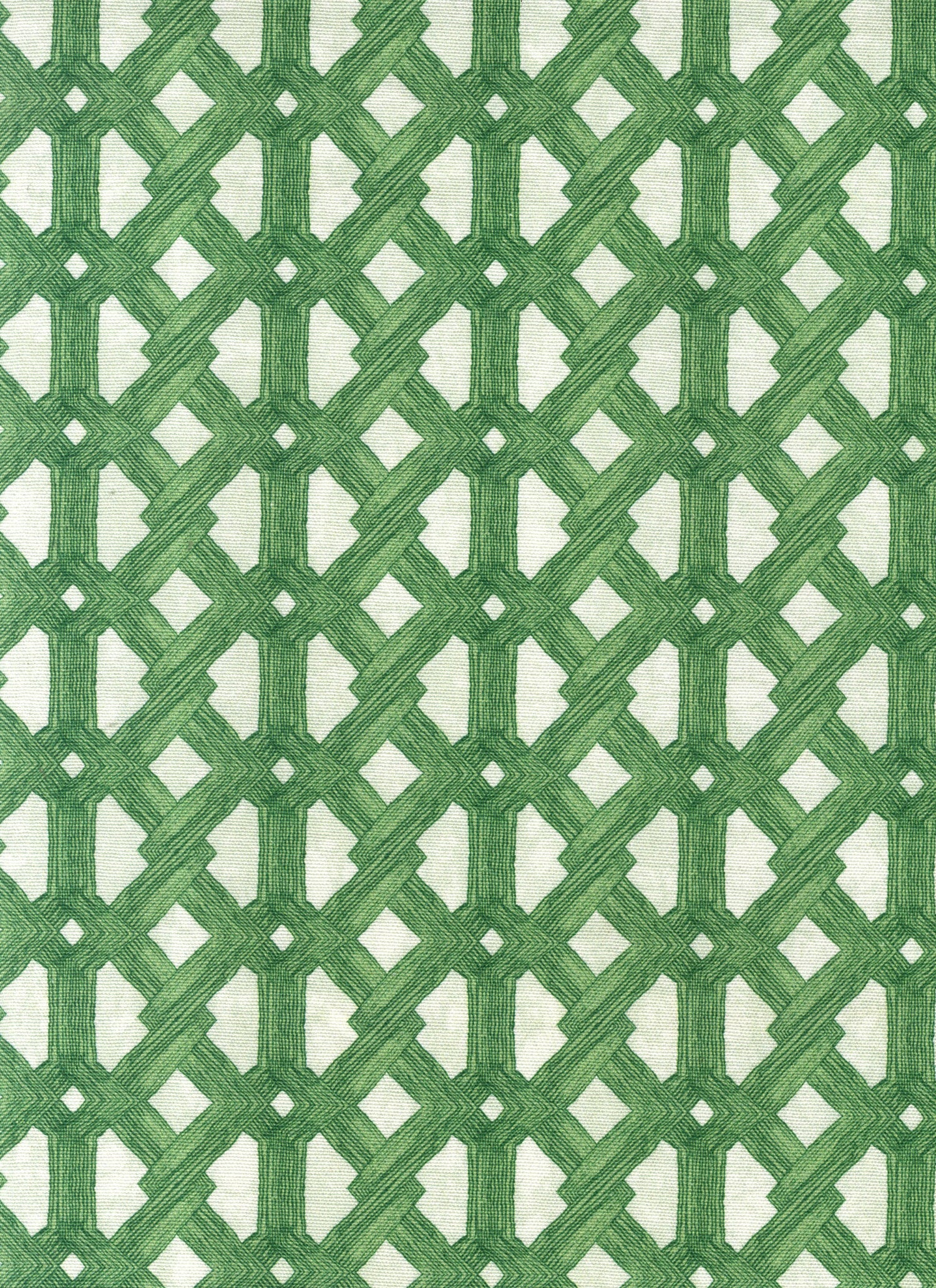 Detail of fabric in an intricate lattice print in green on a light green field.