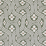 Detail of fabric in a floral damask print in white and rust on a sage field.