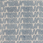 Detail of fabric in an abstract curvilinear stripe in blue on a tan field.