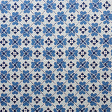 Detail of fabric in a floral lattice print in blue, navy and white.