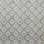 Detail of fabric in a floral lattice print in pink, teal, brown and white.