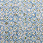 Detail of fabric in a floral lattice print in blue, green and white.