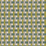 Detail of fabric in an interlocking checked pattern in shades of tan, lime and green.