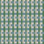 Detail of fabric in an interlocking checked pattern in shades of tan, blue and green.