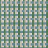 Detail of fabric in an interlocking checked pattern in shades of tan, blue and green.