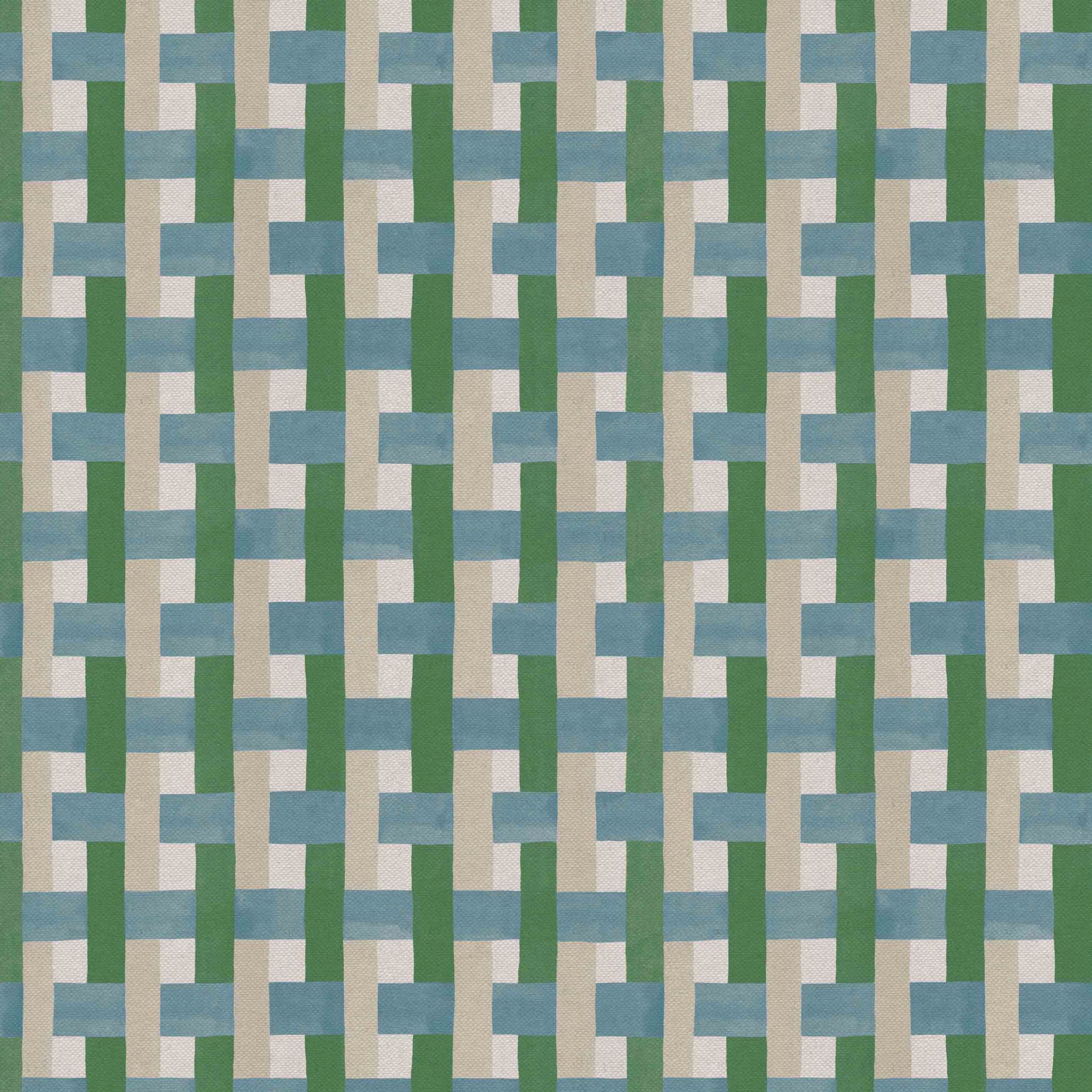 Detail of fabric in an interlocking checked pattern in shades of tan, blue and green.