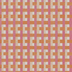Detail of fabric in an interlocking checked pattern in shades of tan, pink and orange.