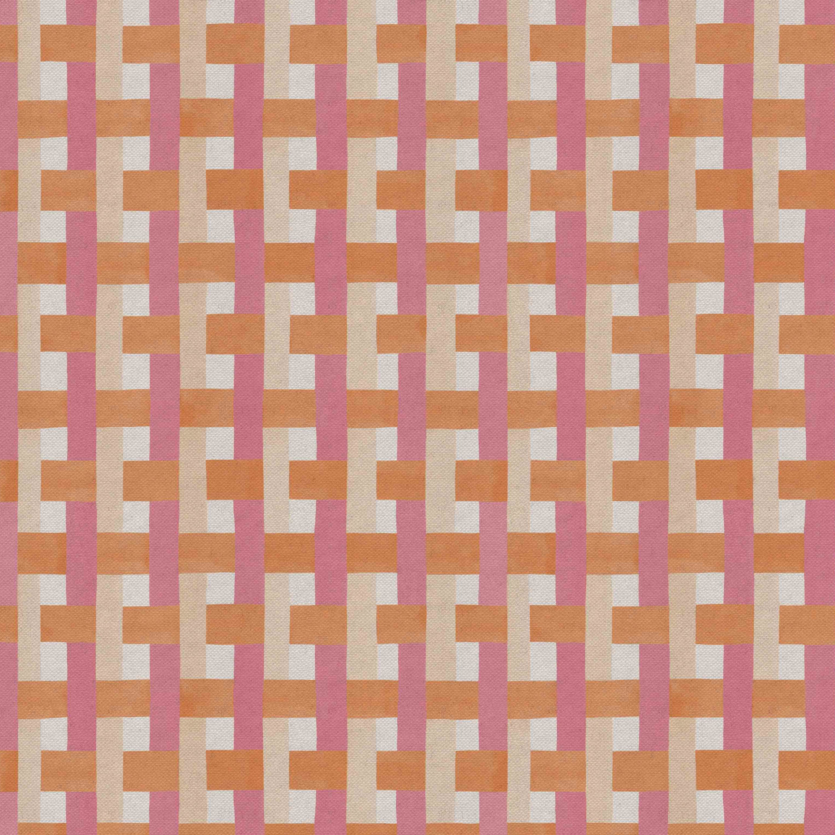 Detail of fabric in an interlocking checked pattern in shades of tan, pink and orange.