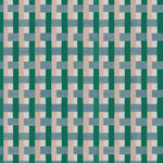 Detail of fabric in an interlocking checked pattern in shades of blue, green and pink.