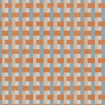 Detail of fabric in an interlocking checked pattern in shades of tan, orange and blue.