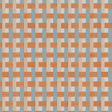 Detail of fabric in an interlocking checked pattern in shades of tan, orange and blue.