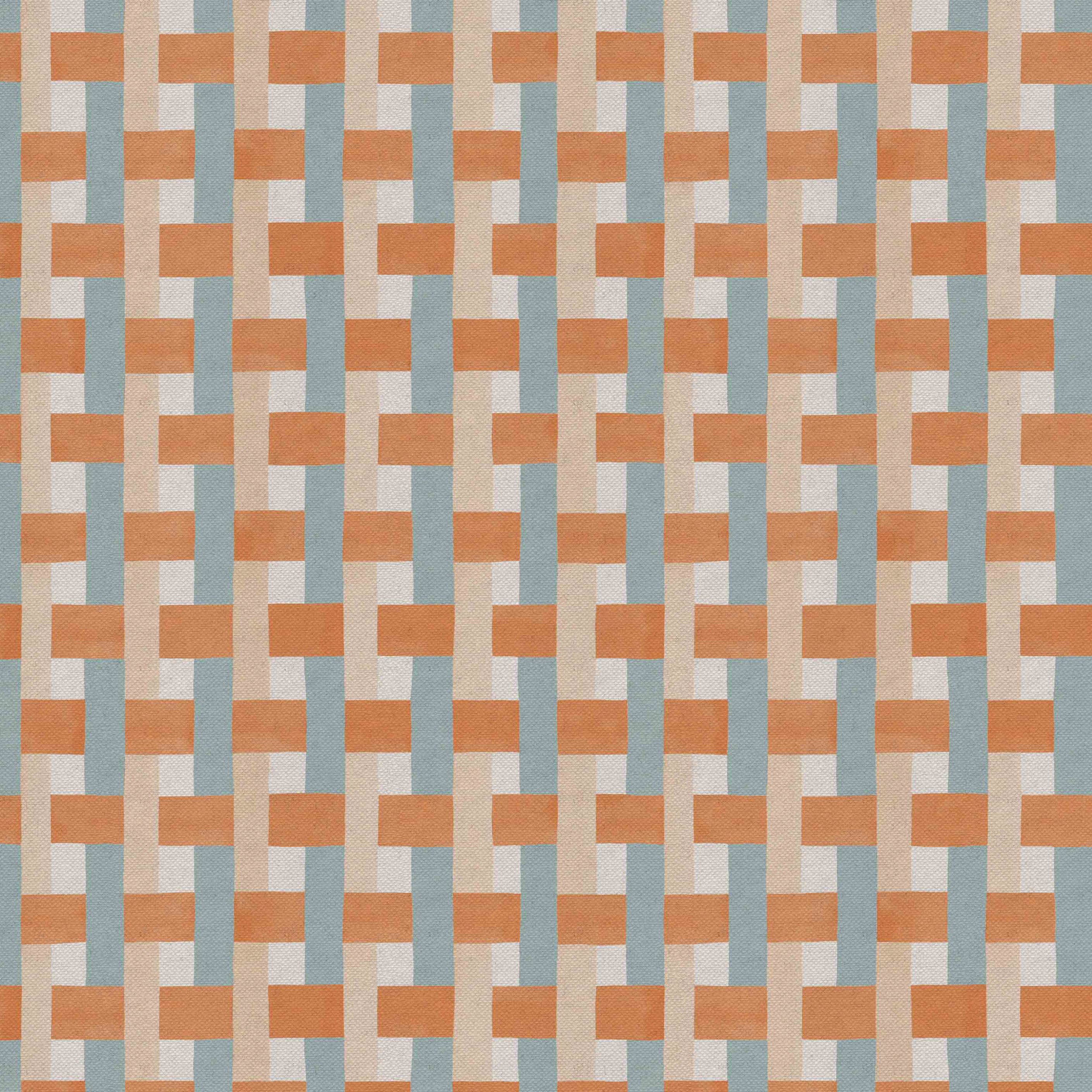 Detail of fabric in an interlocking checked pattern in shades of tan, orange and blue.