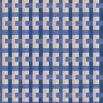 Detail of fabric in an interlocking checked pattern in shades of tan, blue and navy.