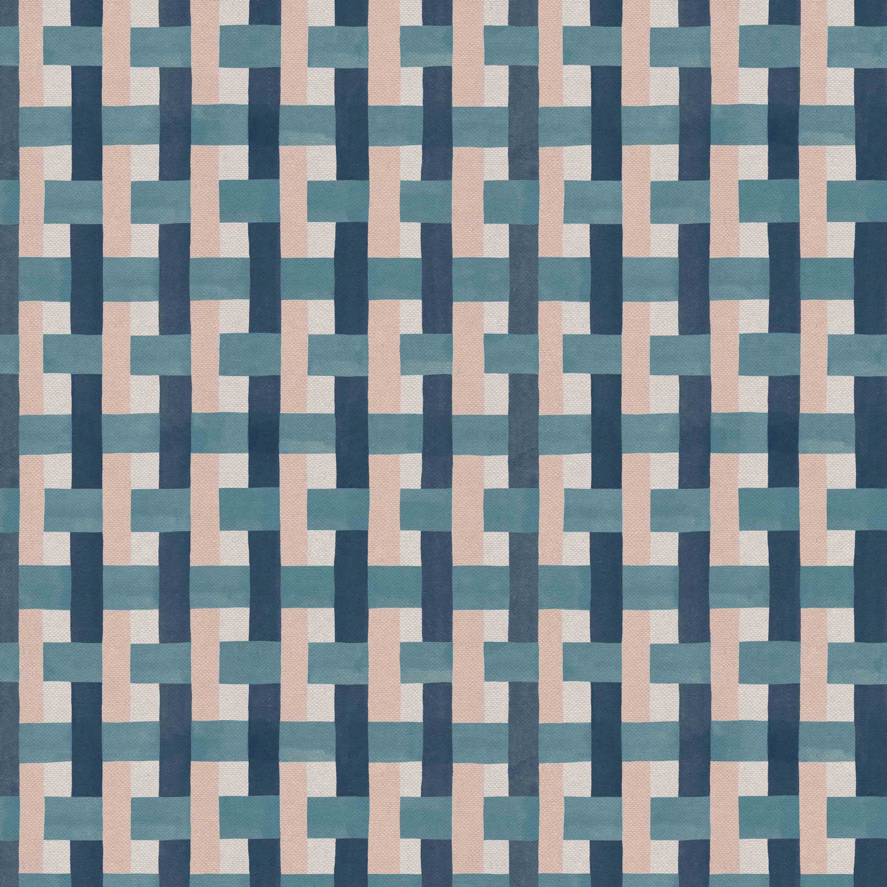 Detail of fabric in an interlocking checked pattern in shades of pink, blue and navy.