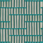 Detail of fabric in an interlocking striped pattern in shades of turquoise, green and cream.