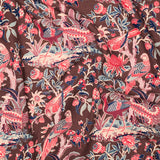 Patterned fabric with birds and flowers on a brown background