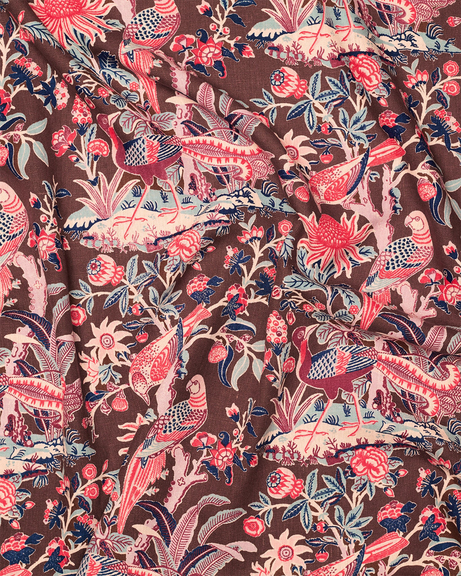 Patterned fabric with birds and flowers on a brown background