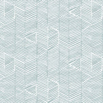 Detail of fabric in a dense herringbone print in blue-gray on a white field.