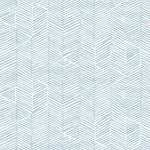 Detail of wallpaper in a dense herringbone print in light blue on a white field.
