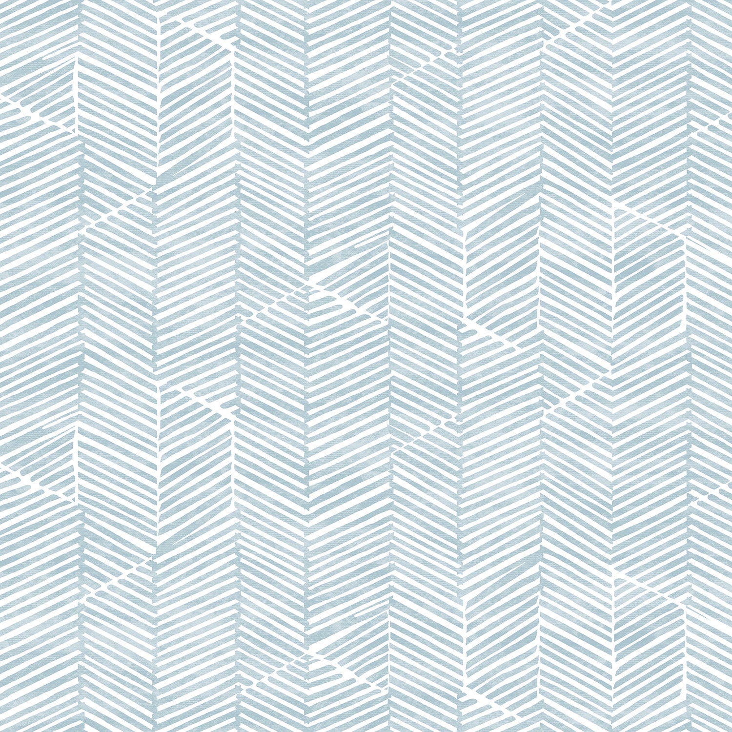 Detail of wallpaper in a dense herringbone print in light blue on a white field.