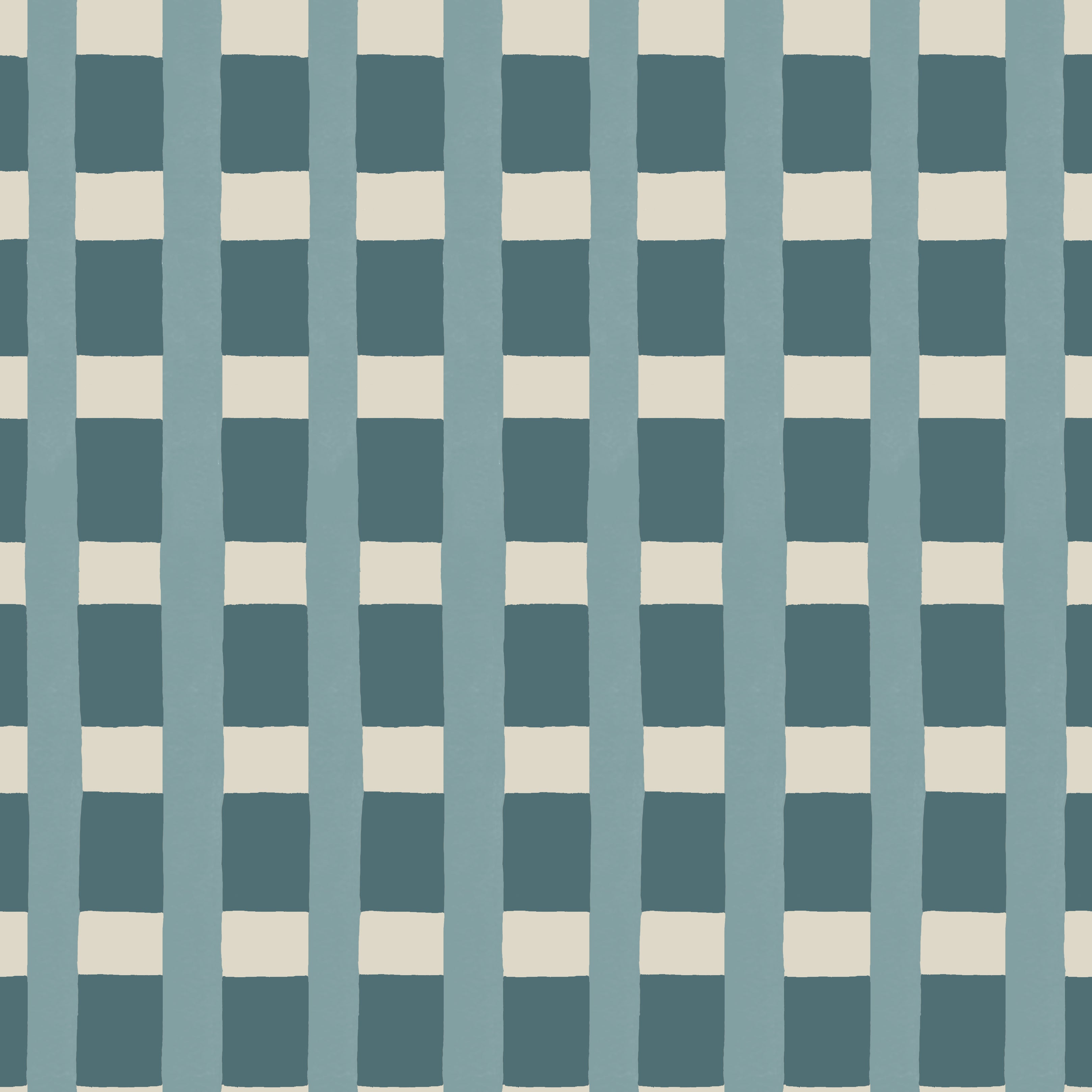 A fabric pattern detail in a gridded check pattern in cream and turqoise blue. 