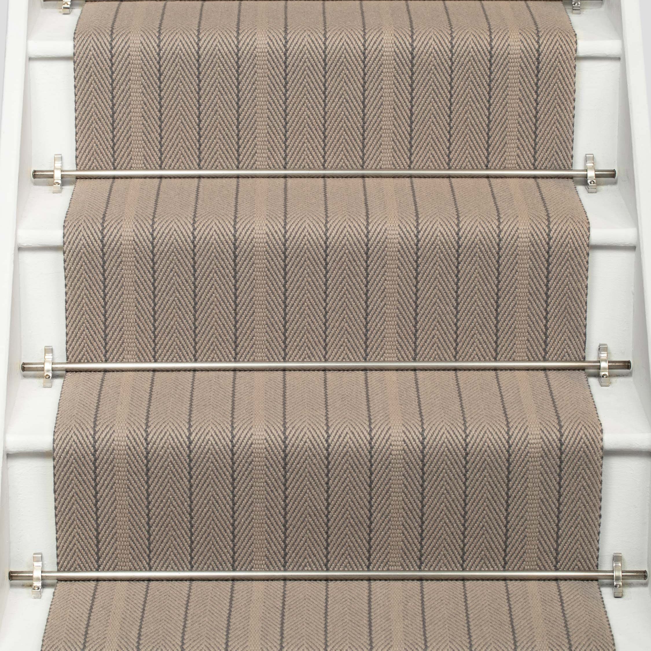 Striped flatweave runner in grey on white staircase