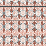 Detail of wallpaper in an intricate geometric stripe in shades of rust, gray and cream.