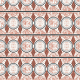 Detail of wallpaper in an intricate geometric stripe in shades of rust, gray and cream.