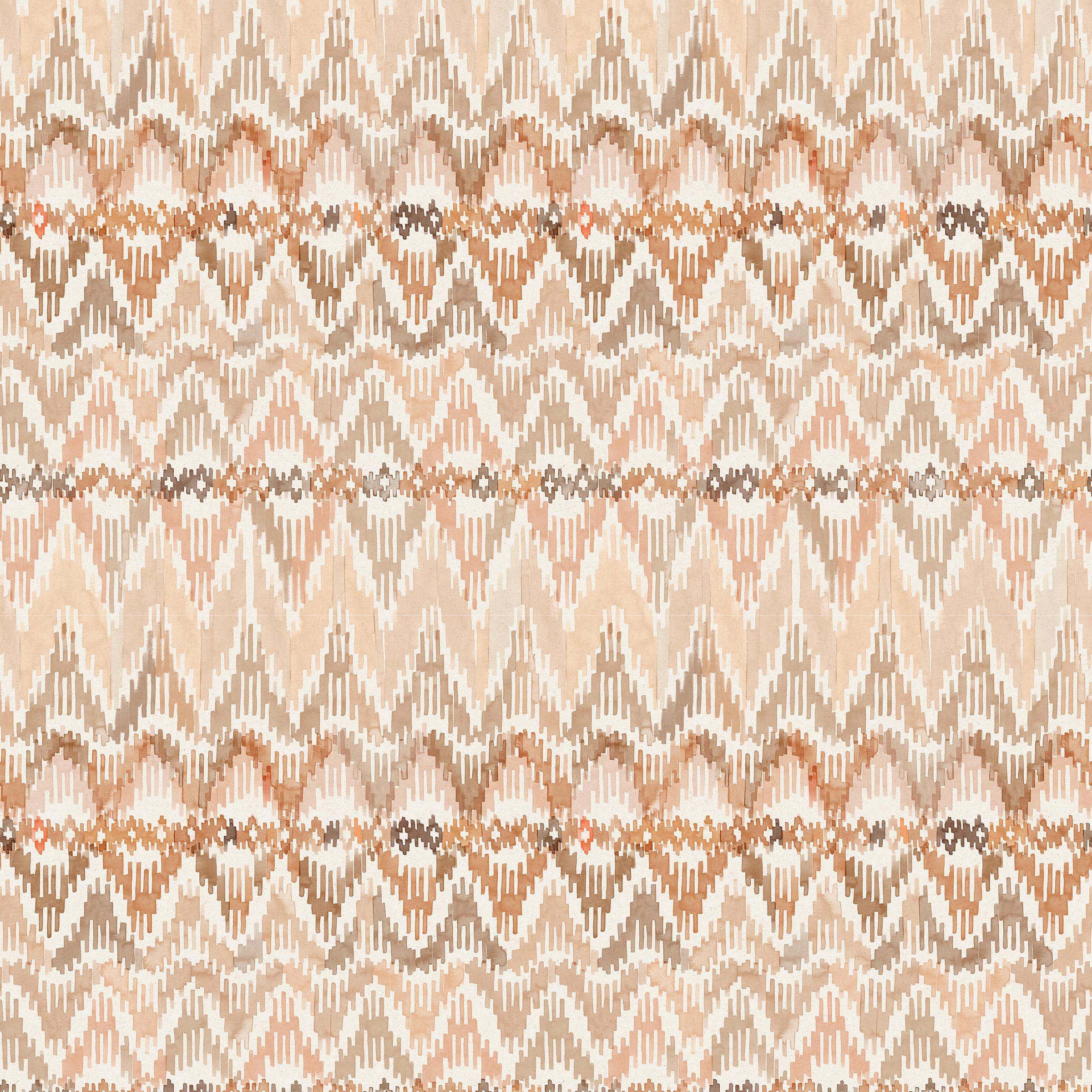 Detail of fabric in a painterly ikat print in shades of tan and orange on a white field.