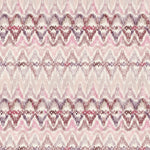 Detail of wallpaper in a painterly ikat print in shades of purple and pink on a white field.