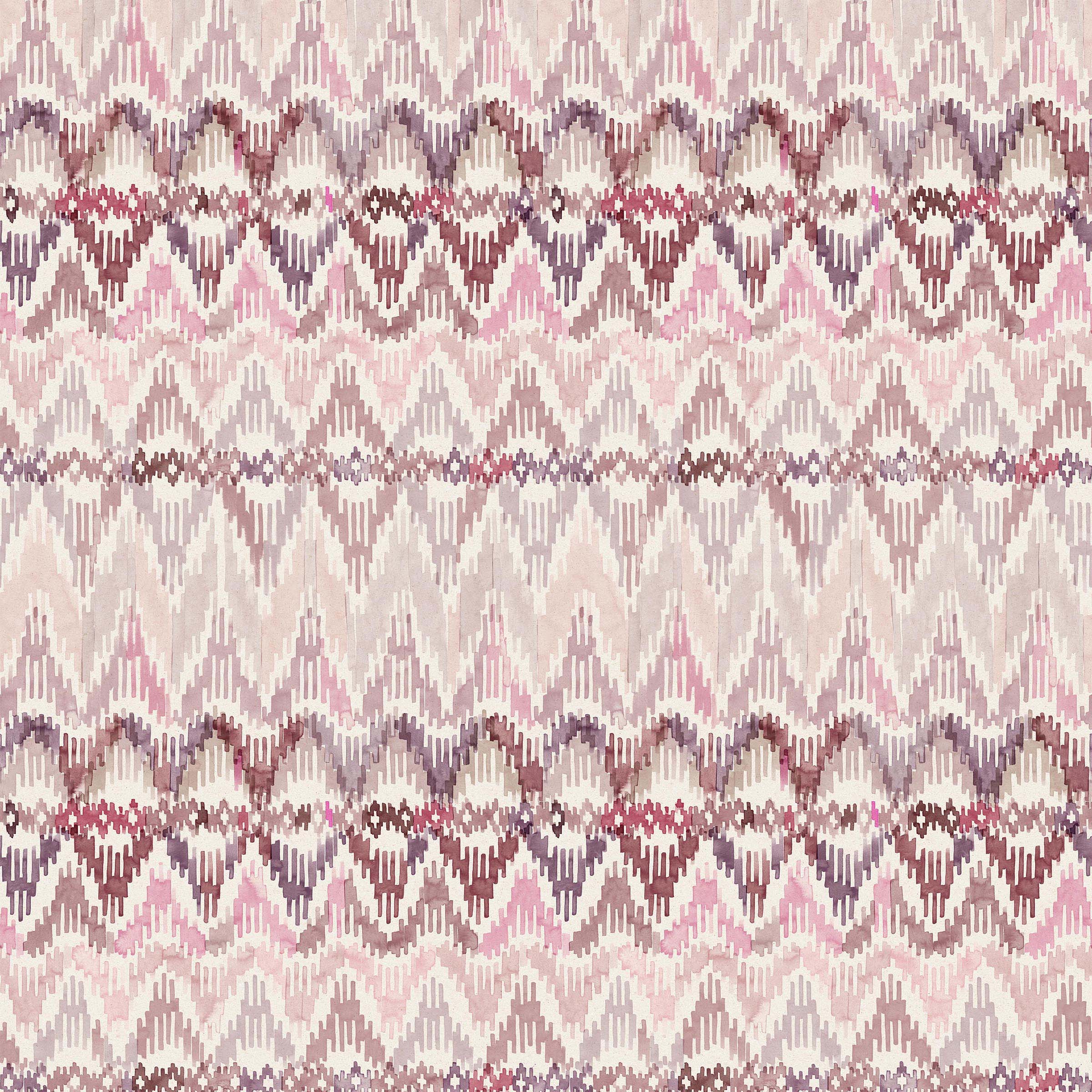 Detail of wallpaper in a painterly ikat print in shades of purple and pink on a white field.