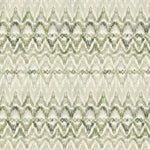 Detail of wallpaper in a painterly ikat print in shades of green on a white field.
