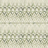 Detail of wallpaper in a painterly ikat print in shades of green on a white field.