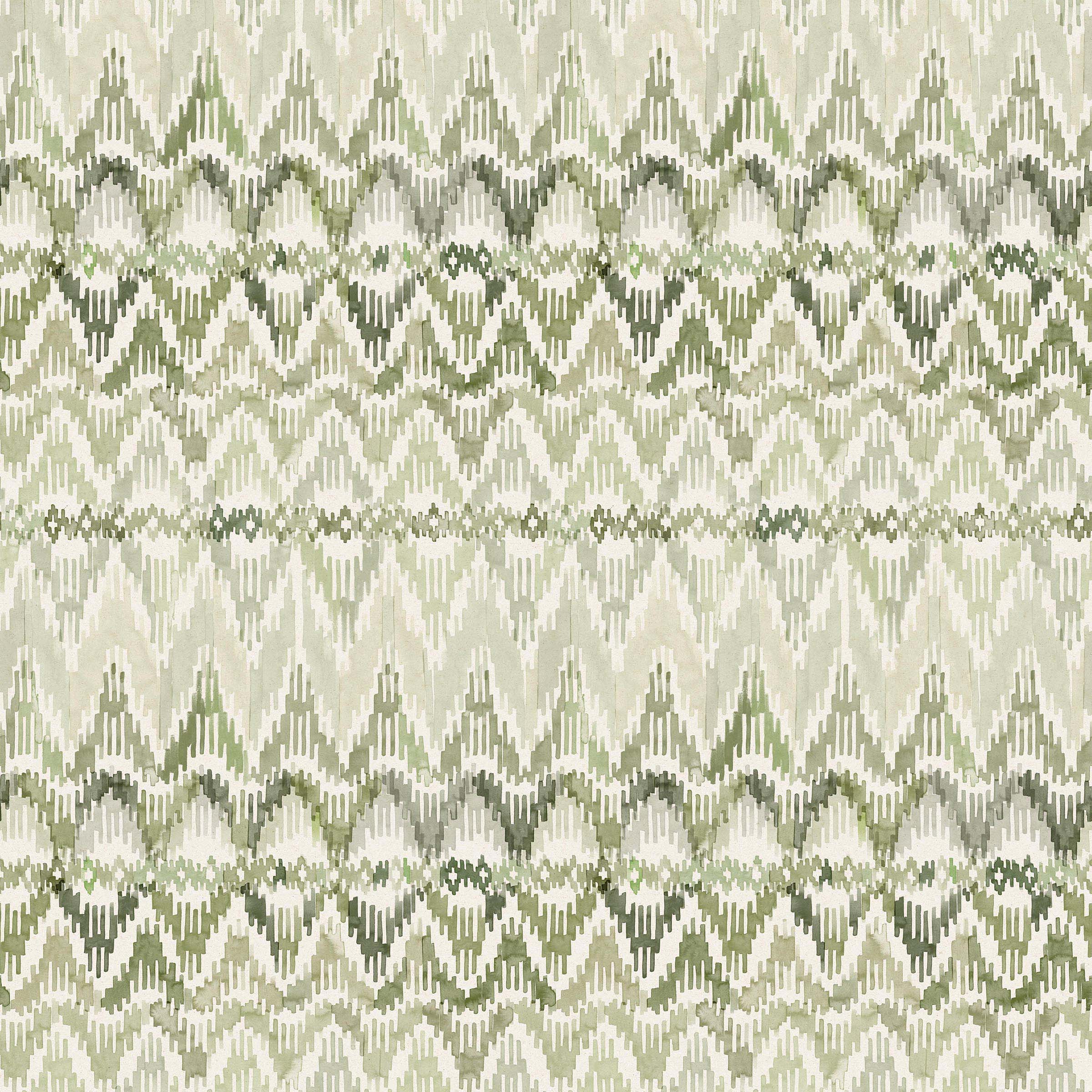 Detail of wallpaper in a painterly ikat print in shades of green on a white field.
