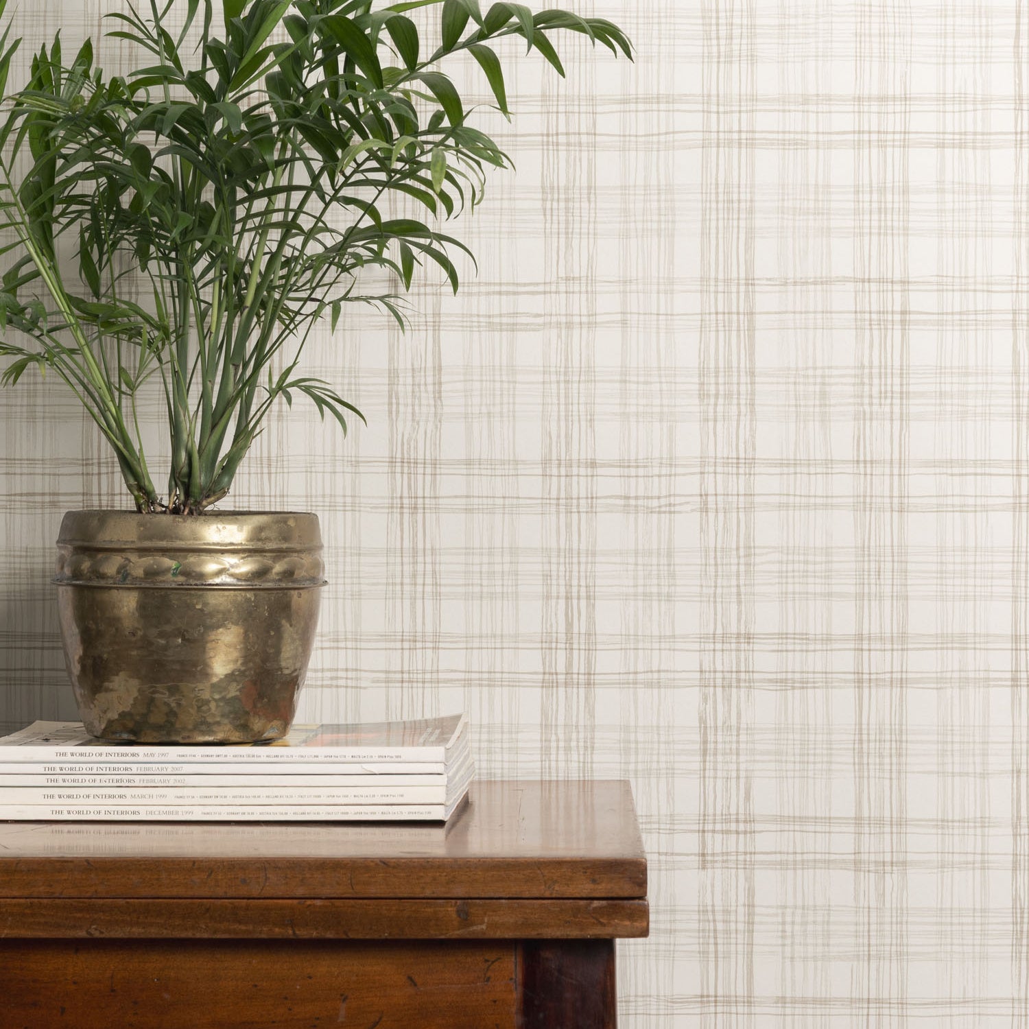 Potted plant on a wooden table against a taupe plaid wallpaper.