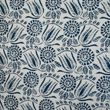 Close-up of fabric in a dense floral print in navy on a white field.