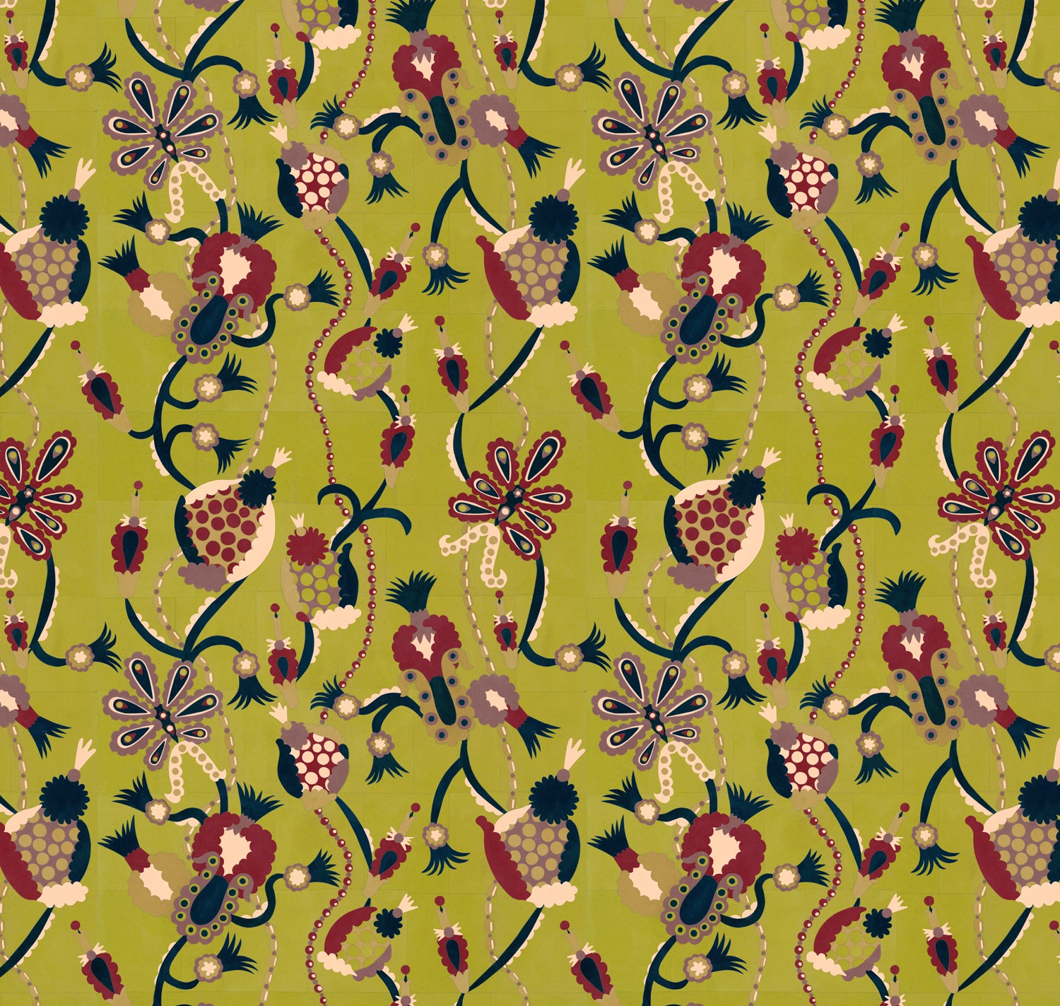 Full repeat image of a playful graphic botanical design  in teal, red, purple and tan on a lime green field.