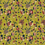 Full repeat image of a playful graphic botanical design  in teal, red, purple and tan on a lime green field.