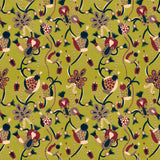Full repeat image of a playful graphic botanical design  in teal, red, purple and tan on a lime green field.