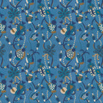 Full repeat image of a playful graphic botanical design  in shades of blue and brown on a bright blue field.