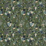 Full repeat image of a playful graphic botanical design  in shades blue and teal on a forest green field.