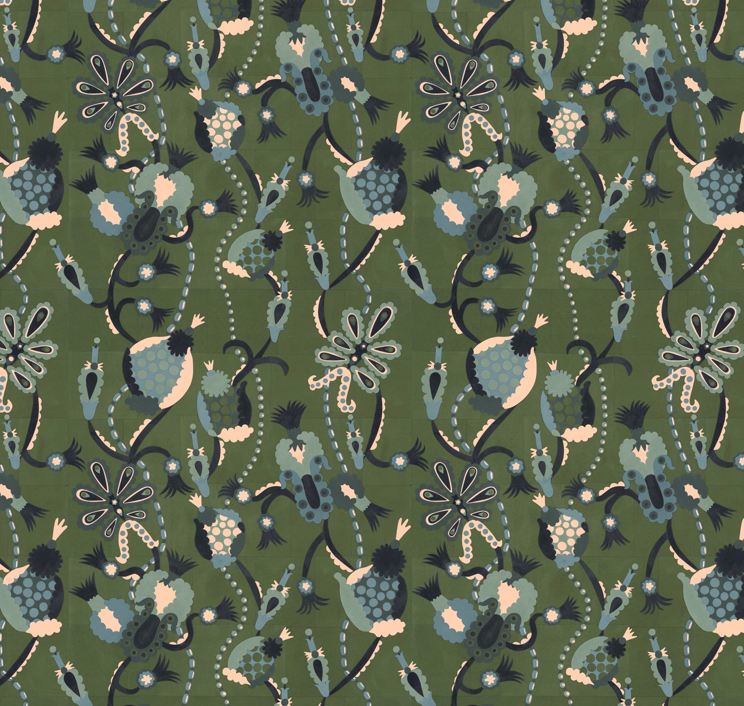Full repeat image of a playful graphic botanical design  in shades blue and teal on a forest green field.
