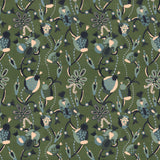 Full repeat image of a playful graphic botanical design  in shades blue and teal on a forest green field.